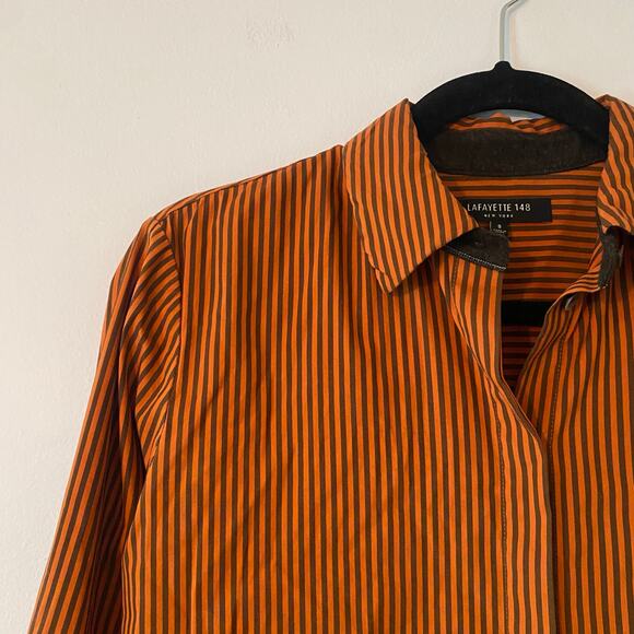 Lafayette 148 Orange Brown Pinstripe Button Down Shirt Cotton Preppy size Small - Picture 3 of 12